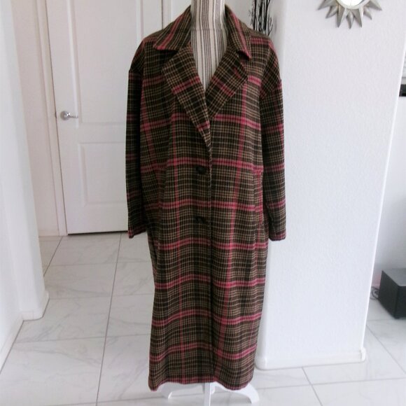 New Wild Fable Wool Blend Plaid Oversize Midi Coat Brown Tan Fuchsia Pink S / M - Picture 3 of 14
